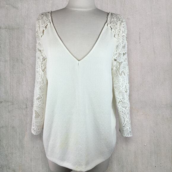 Sezane Tops - Sézane Cream Colored Lace Sleeve V-Neck Top Trousseau Button Detail Size 38 / M